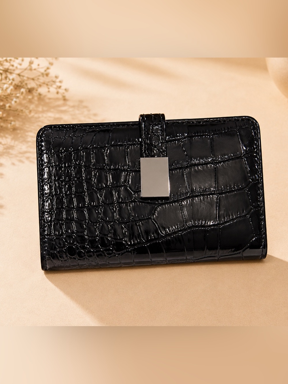 Black Croc-Embossed Patent Wallet with Square Silver Clasp